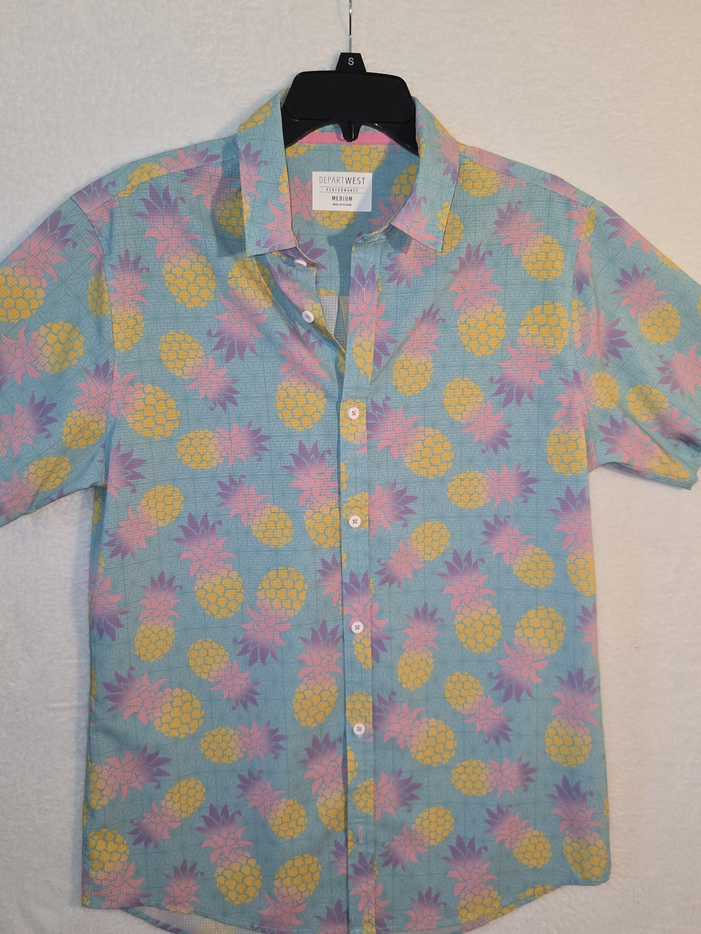 Departwest Tropical Pineapple Button-Up Shirt - Aqua, Yellow, Pink Size Medium